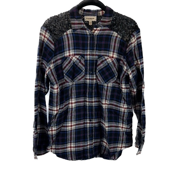 Express Tops - Express Shirt Western Boyfriend Flannel Plaid Sequin Button Down Long Sleeve Top
